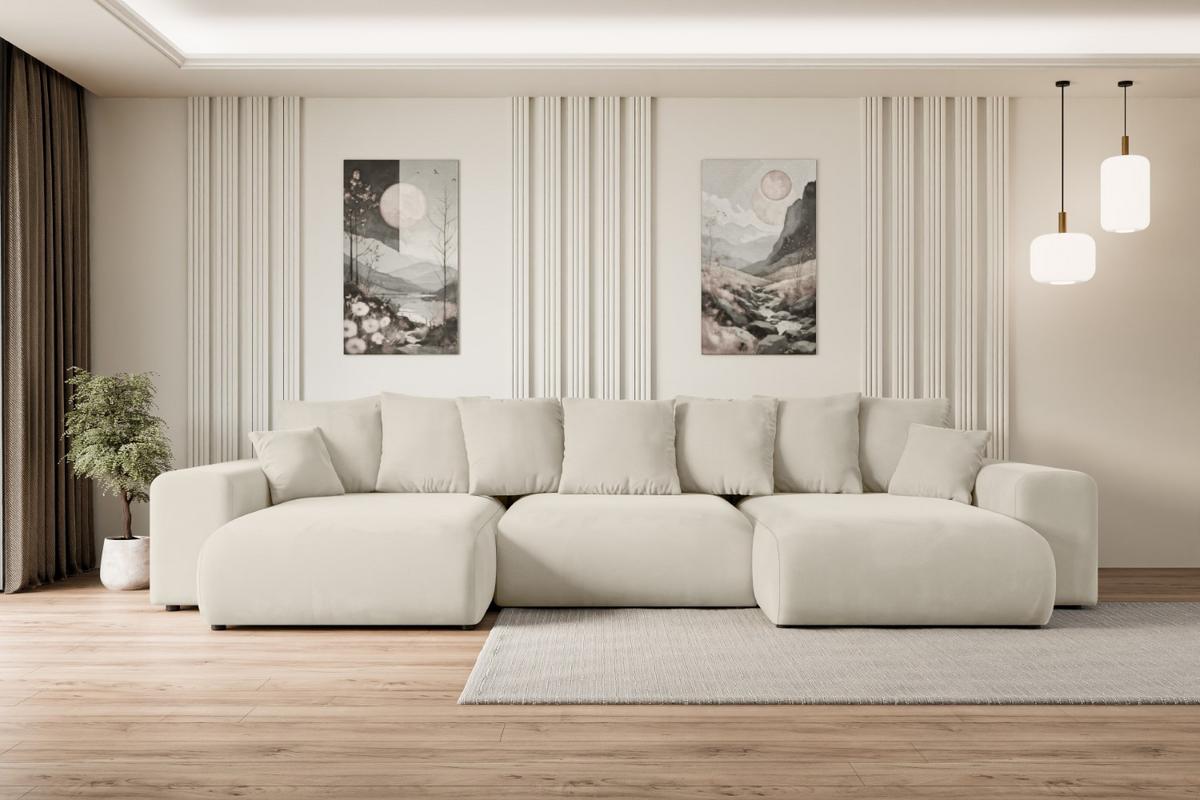 WOHNLANDSCHAFT mit Schlaffunktion ESKAR-U -364x176x72cm Beige Velours - Creme/Schwarz, Holzwerkstoff/Kunststoff (364/72/176cm) - ALTDECOR