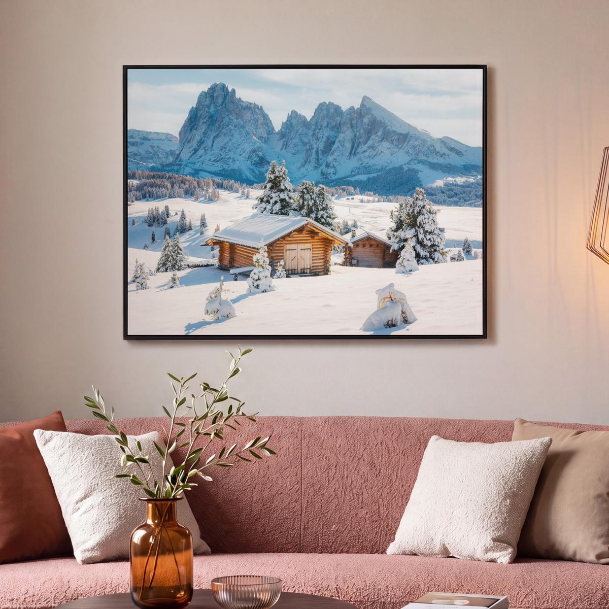 LEINWAND Bilder mit Rahmen - Winter - Hütte - Berge - Aussicht - Schnee - 100x70 - Eichefarben, Textil (100/70cm) - MuchoWow