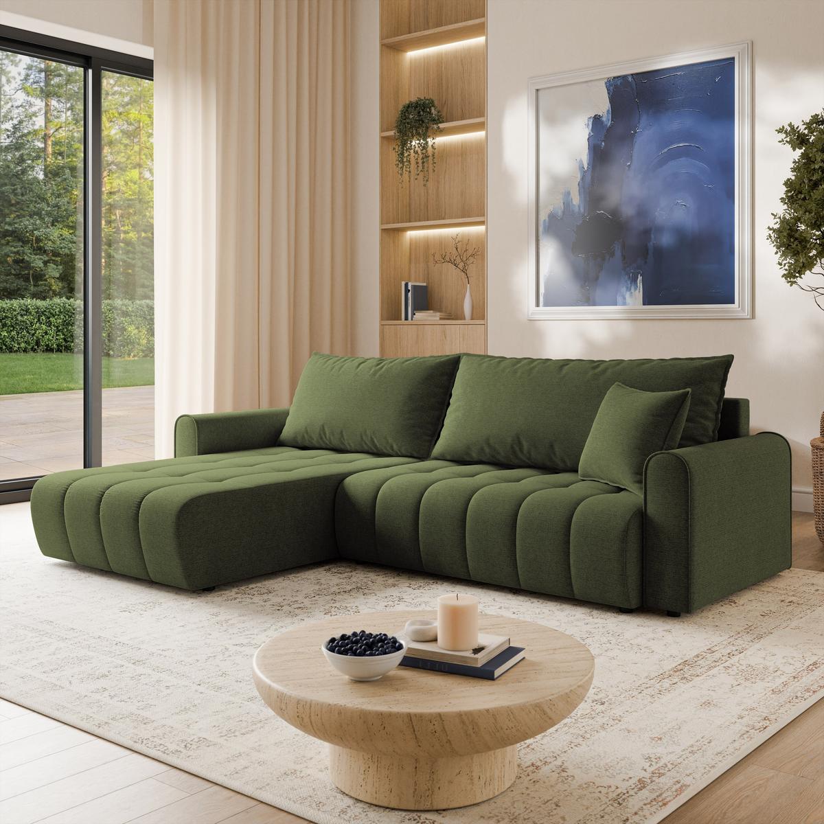 ECKSOFA FRIGA Olivgrün Strukturstoff mit Schlaffunktion - Olivgrün, Holz (283/185cm) - MASSENO