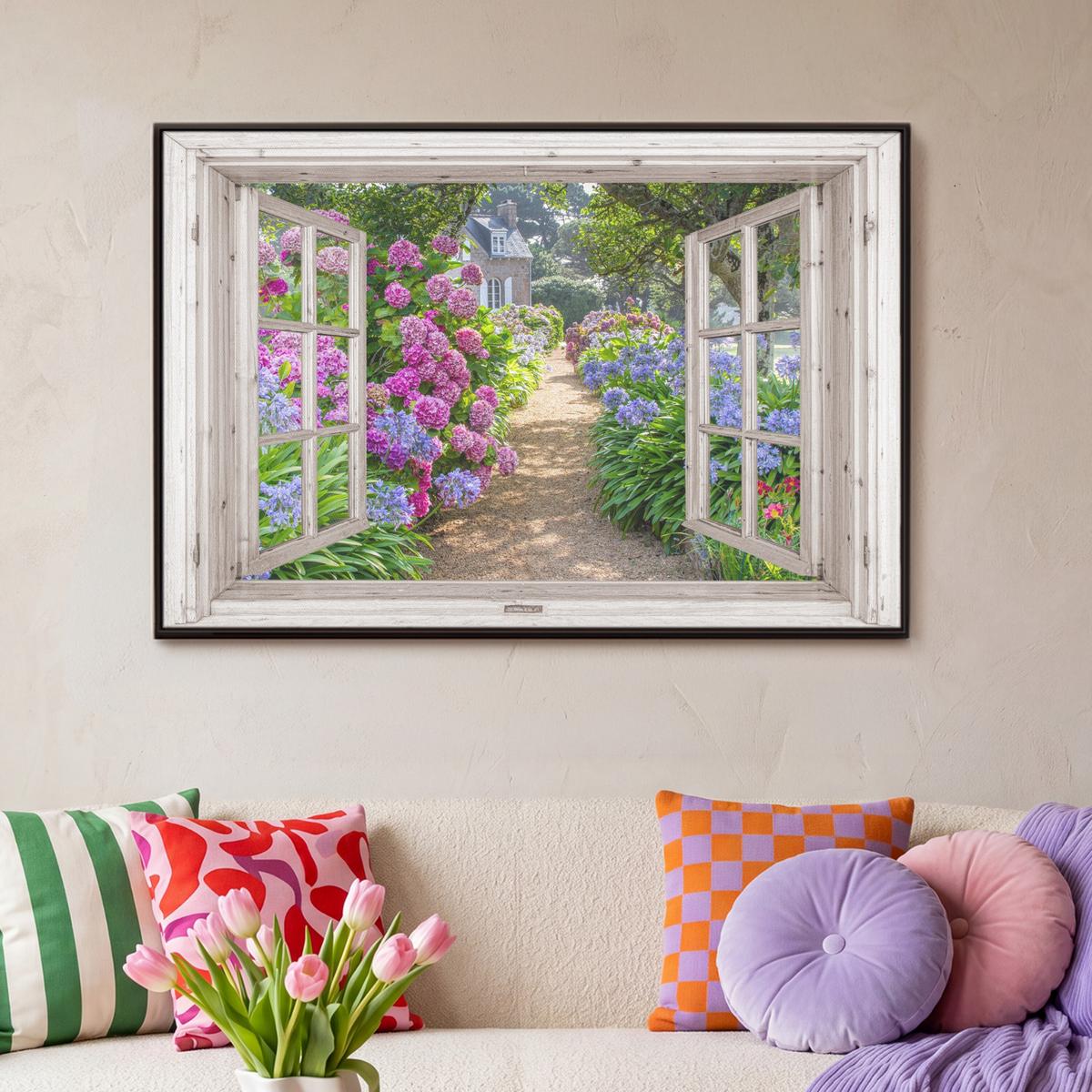 LEINWAND Bilder mit Rahmen - Hortensie - Durchsichtig - Blumen - Sommer - Lila - Weg - 90x60 - Lila, Textil (90/60cm) - MuchoWow
