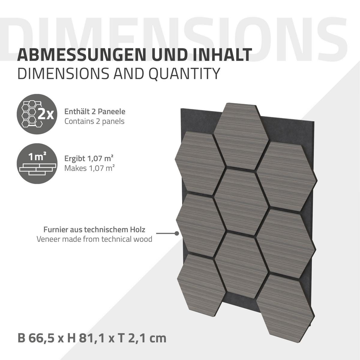 AKUSTIKPANEEL 2er Set Schallschutzplatten Hexagon Grau Holzoptik 66x81x2 cm aus Filz - Grau, Holzwerkstoff (2.1/81.1/66.6cm) - ML-DESIGN
