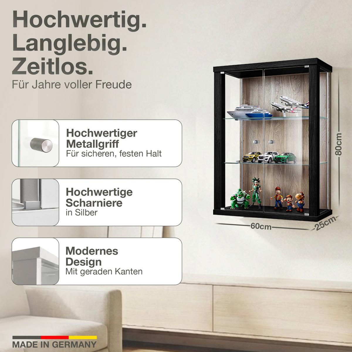 HÄNGEVITRINE 25/60/80 cm mit 2 höhenverstellbaren Glasböden - Transparent/Silberfarben, Glas/Holzwerkstoff (60/80/25cm) - K-Möbel