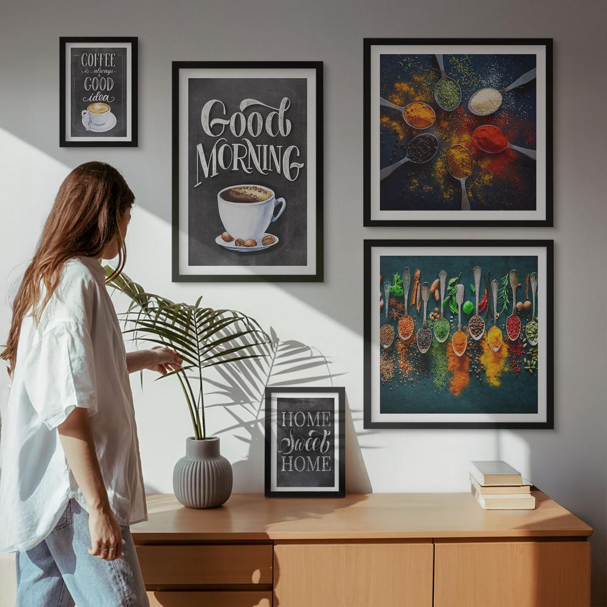 BILDER SET 5er Set - 50x50 cm & 20x30 cm & 40x60 cm Schwarzer Rahmen - Gewürze, Kaffee, Tasse, Kräuter - Schwarz, Kunststoff (40/60cm) - TULUP