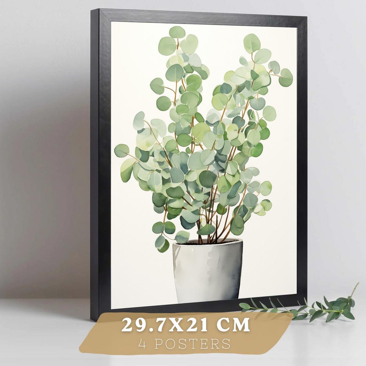 POSTER 4er Bilder-Set Wandbilder Boho Botanisch modern Wohnzimmer Deko, Schlafzimmer, Küche, Badezimmer Schwarzer Rahmen A3 - Schwarz, Papier (29.7/1/42cm) - Nacnic