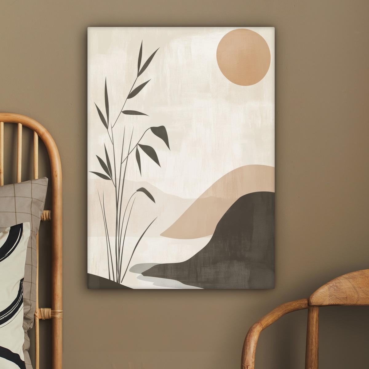 LEINWANDBILD Japandi - Landschaft - Beige Wandbild Wohnzimmer 60x80 cm - Cognac, Textil (60/80cm) - MuchoWow