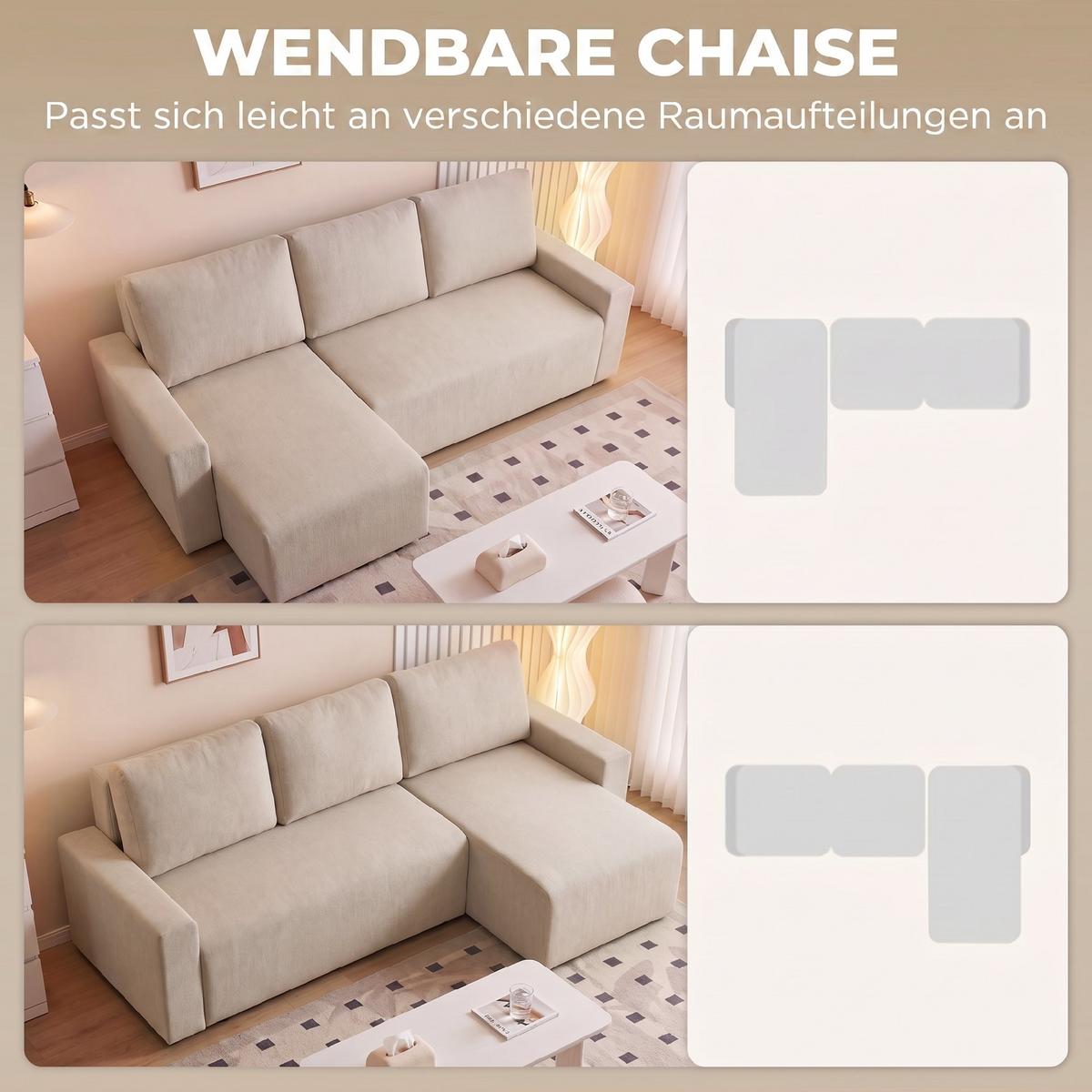 SCHLAFSOFA Polyester Beige - Beige/Schwarz, Holzwerkstoff/Kunststoff (125/86/226cm) - HOMCOM