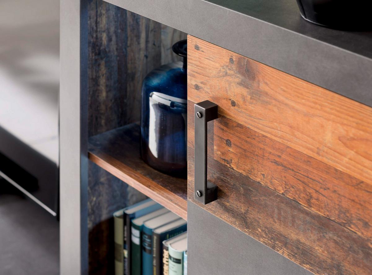 HIGHBOARD Used Wood Altholz Design mit Grau, Vitrine mit LED Beleuchtung - Silberfarben/Schwarz, Glas/Holzwerkstoff (87/118/34cm) - Top.Furn