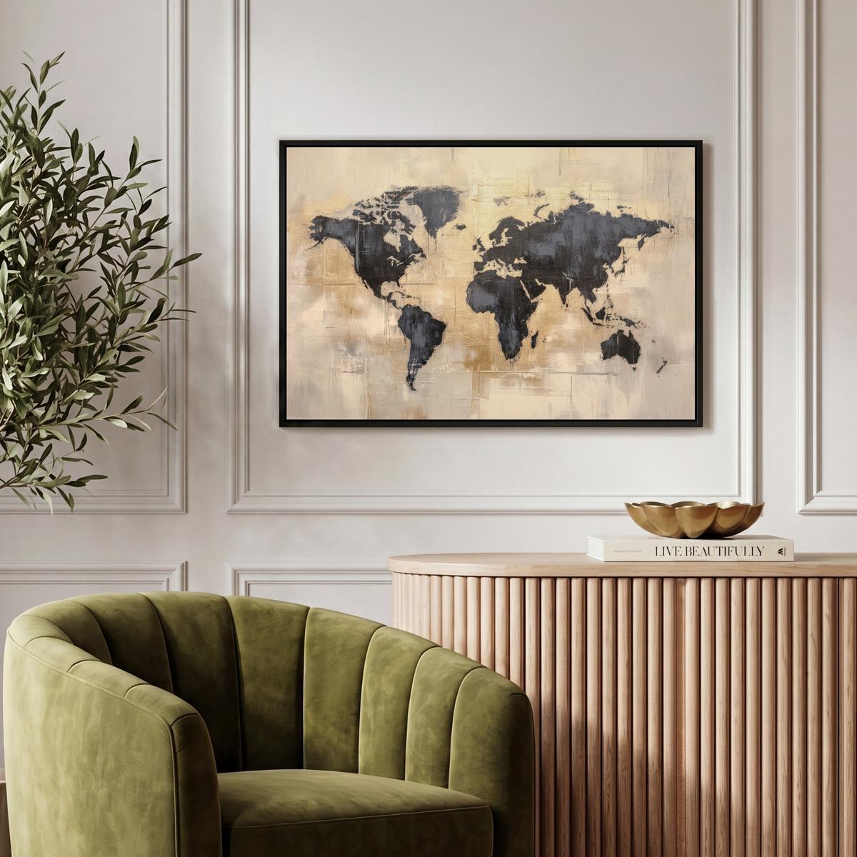 LEINWAND Bilder mit Rahmen - Weltkarte - Gold - Schwarz - Abstrakt - 60x40 - Kupferfarben, Textil (60/40cm) - MuchoWow