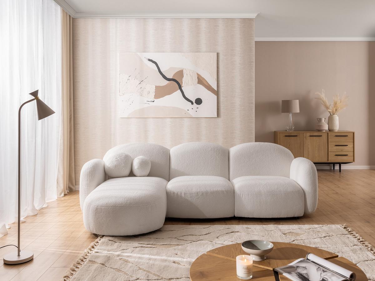 ECKSOFA Nuvola mit abgerundetem Design Weiß Bouclé-Stoff - Ottomane Links - Schwarz/Weiß, Holz/Kunststoff (268/146cm) - S-Style