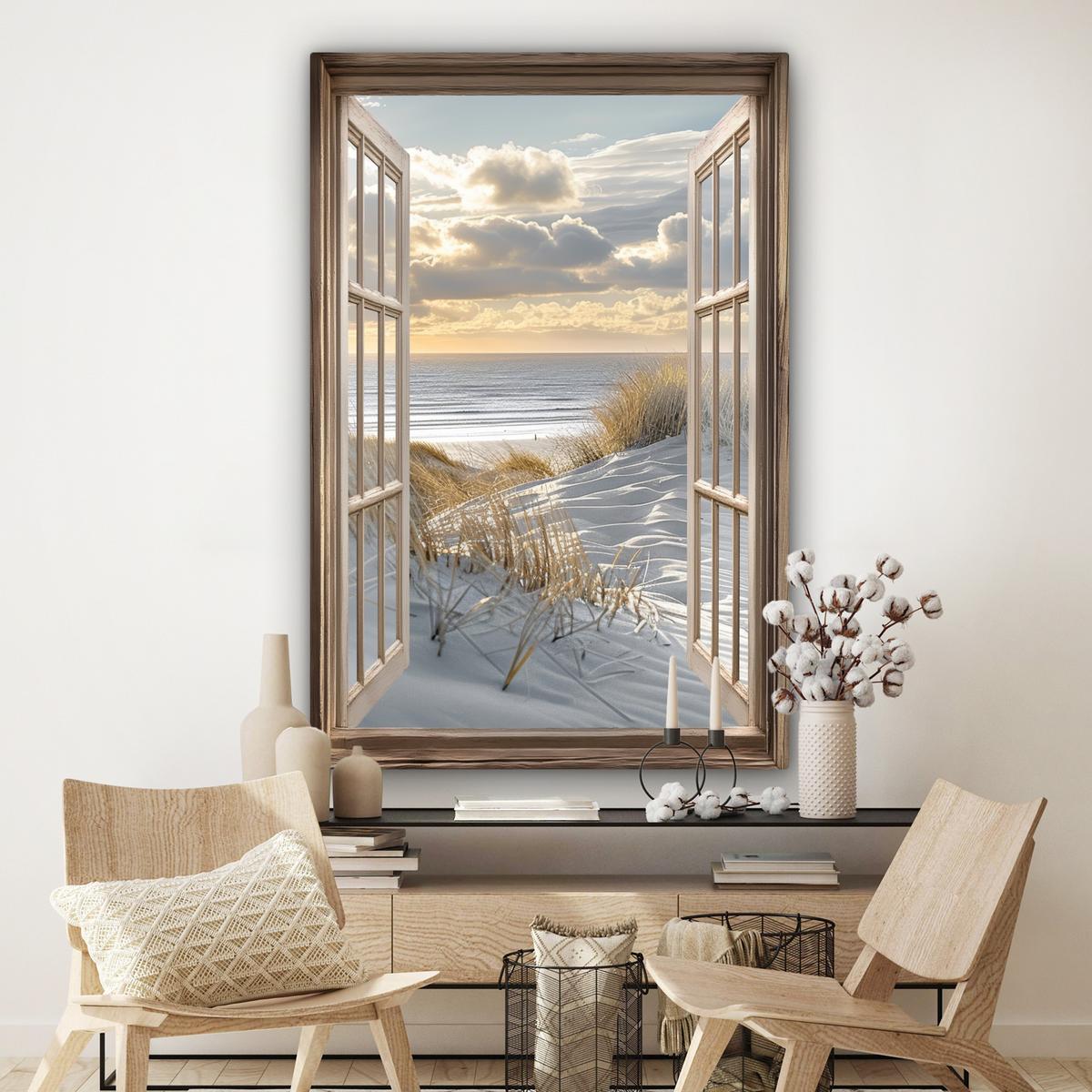 LEINWANDBILD Ausblick - Strand - Dünen - Meer - Natur Deko Groß 90x140 cm - Sandfarben, Textil (90/140cm) - MuchoWow