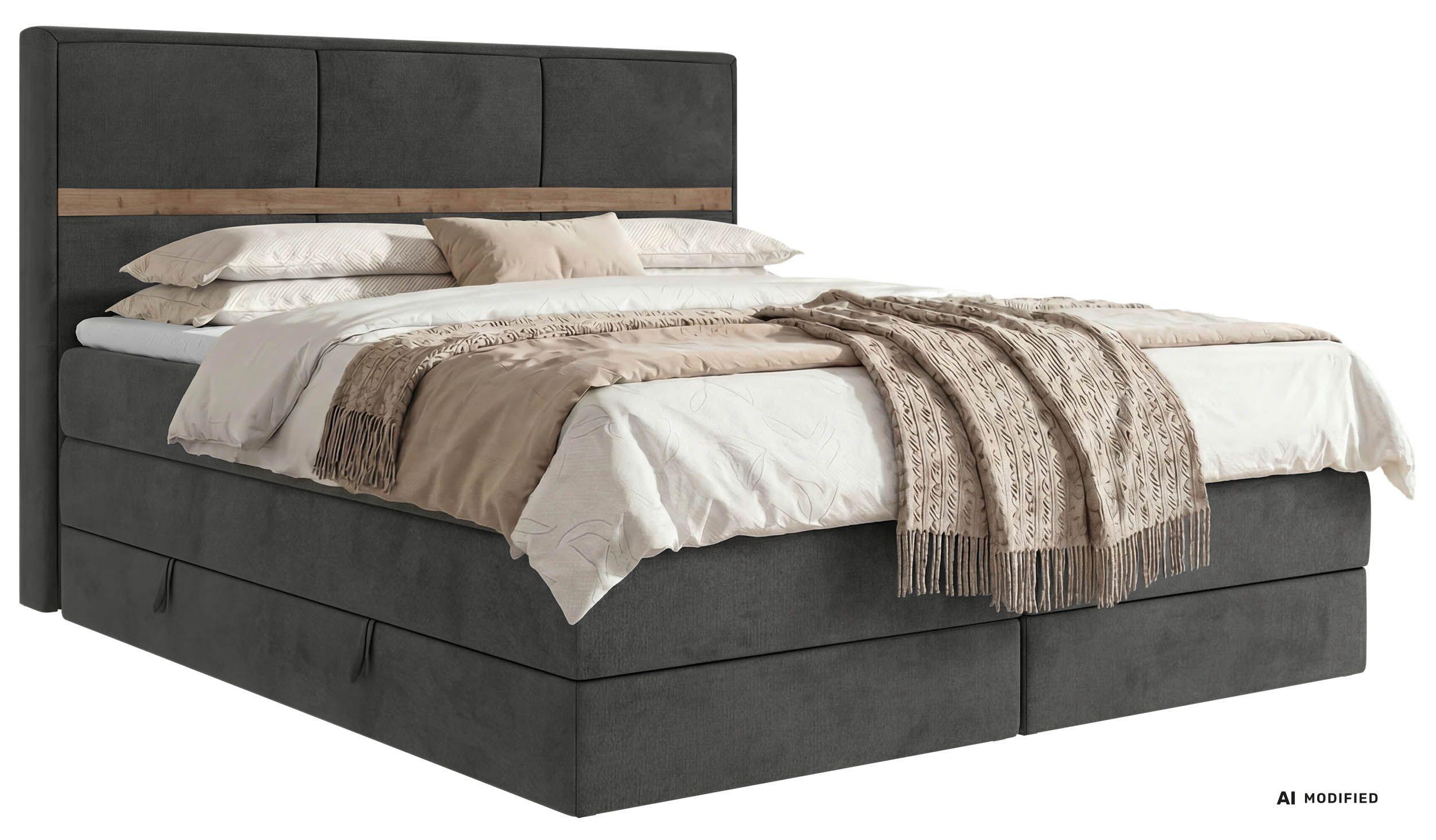 BOXSPRINGBETT ORVO KING 160/200 - Dunkelgrau Velvet - Topper Visco - H3 - Dunkelgrau/Schwarz, Kunststoff/Textil (160/200cm) - MKS