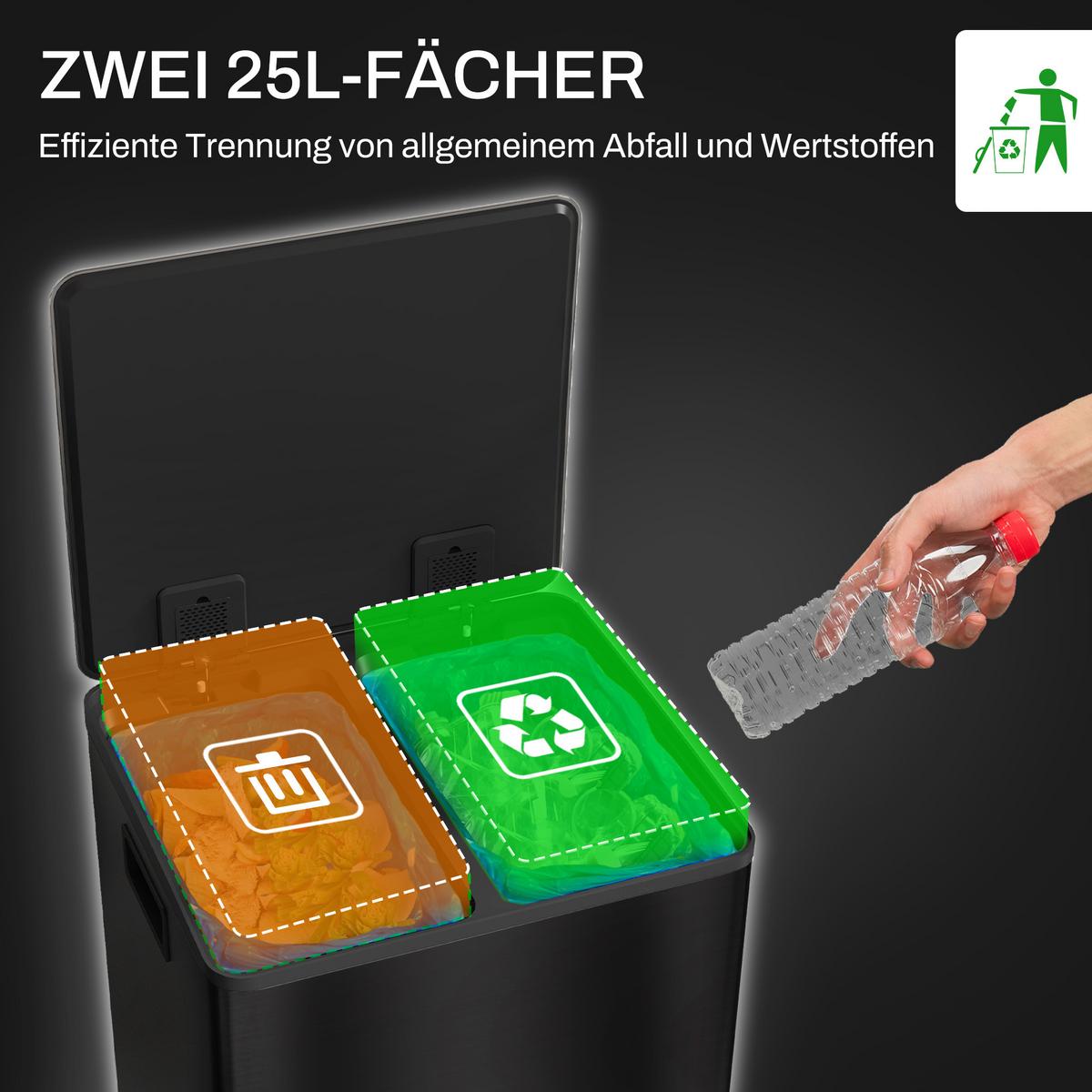 MÜLLEIMER 2 x 25L Treteimer mit Deckel, Fußpedal, Inneneimer, Edelstahl - Schwarz, Metall (37.5/56/47.7cm) - HOMCOM
