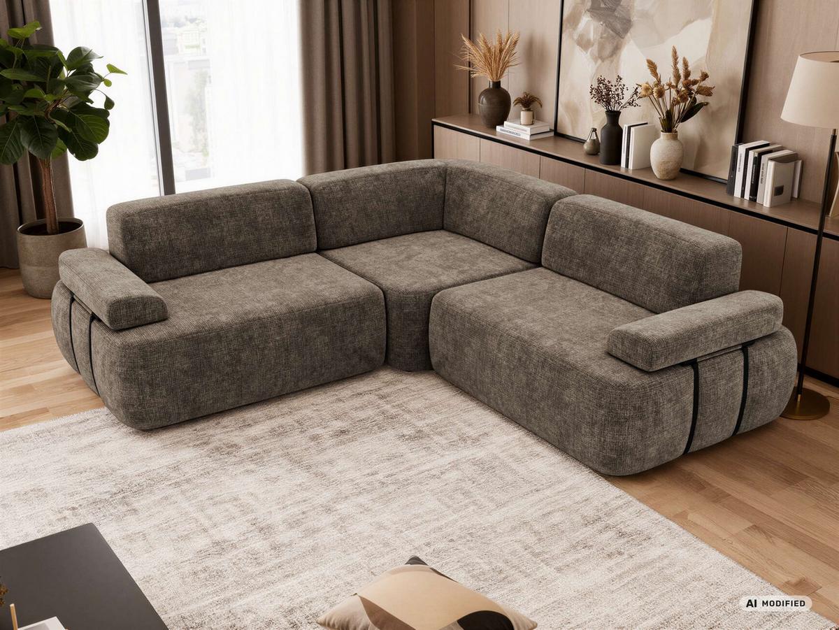 ECKSOFA MIREO L - Braun Schenille grob gewebt - Schwarz/Braun, Kunststoff/Textil (257/257cm) - MKS