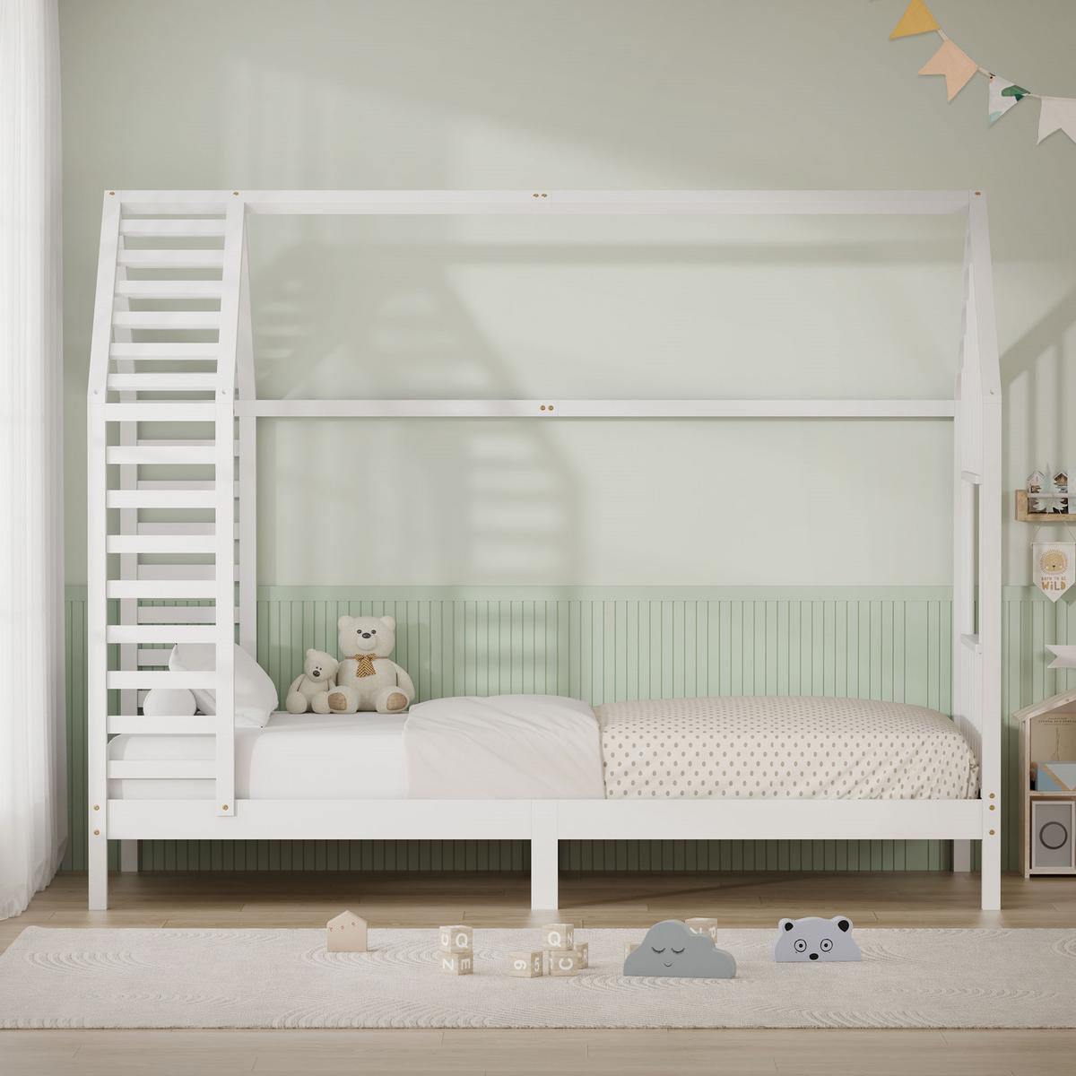 KINDERBETT 90x200 cm mit Matratze Lattenrost & Dach Hausbett aus massivem Kiefernholz Weiß - Weiß, Holz (90/200cm) - ML-DESIGN