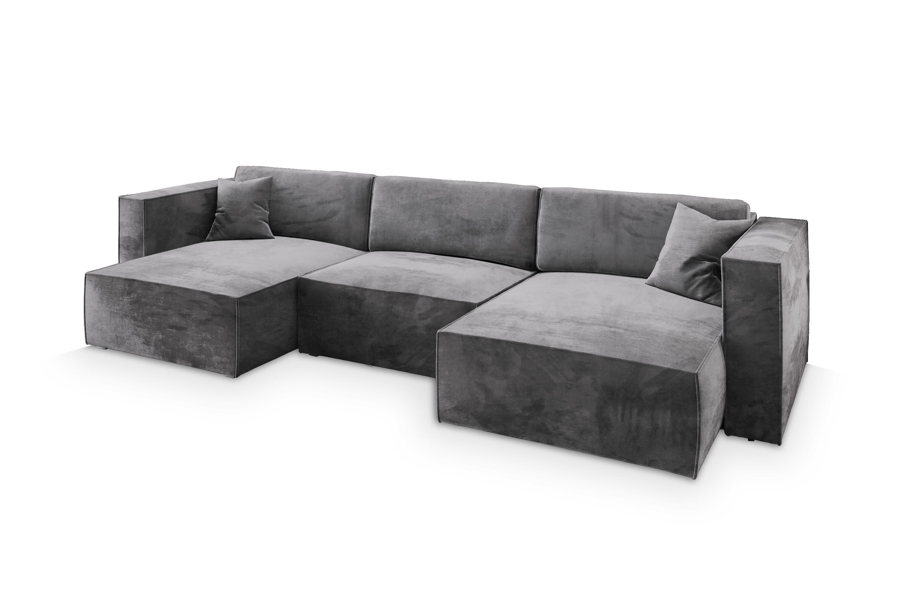 WOHNLANDSCHAFT SARMO M Grau Velours-Stoff mit Schlaffunktion - Grau, Holz/Kunststoff (347/70/148cm) - MASSENO
