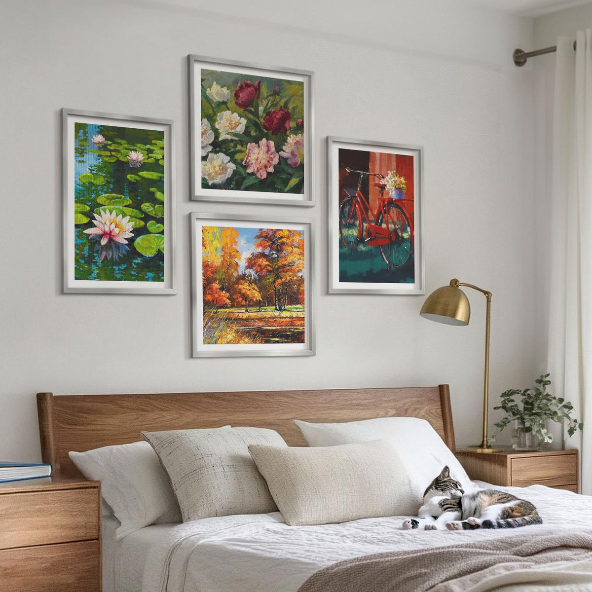 BILDER SET 4er Set - 50x50 cm & 40x60 cm Silberner Rahmen - Herbstfarben Seerosenteich - Silberfarben, Kunststoff (50/50cm) - TULUP