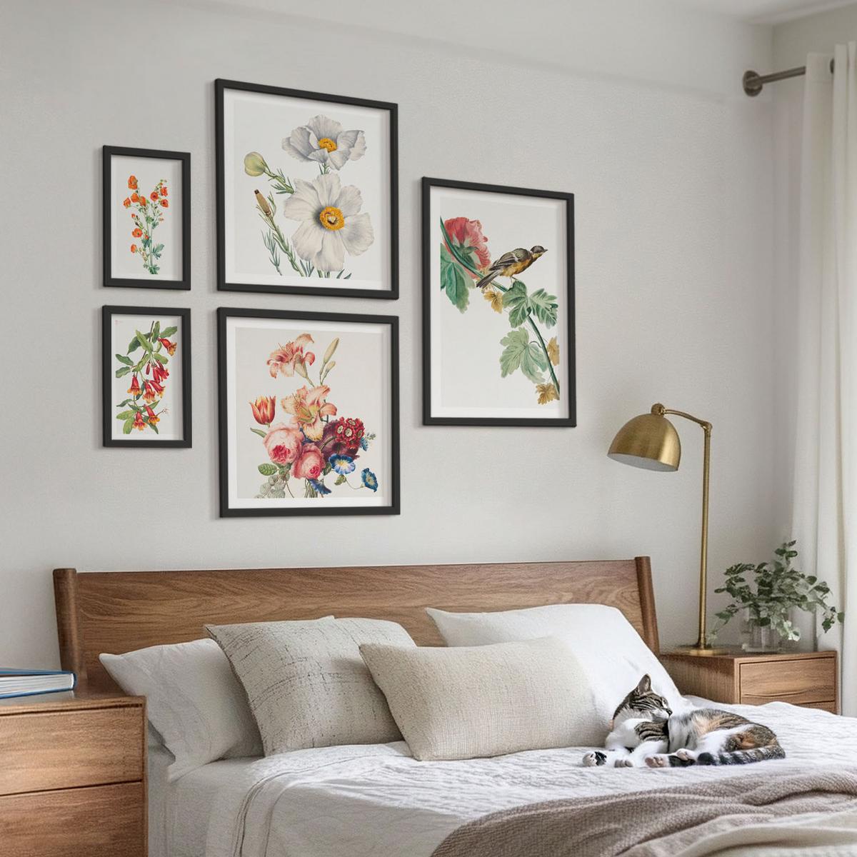 BILDER SET 5er Set - 50x50 cm & 20x30 cm & 40x60 cm Schwarzer Rahmen - Gemalte Blumen, Retro-Vogel - Schwarz, Kunststoff (40/60cm) - TULUP