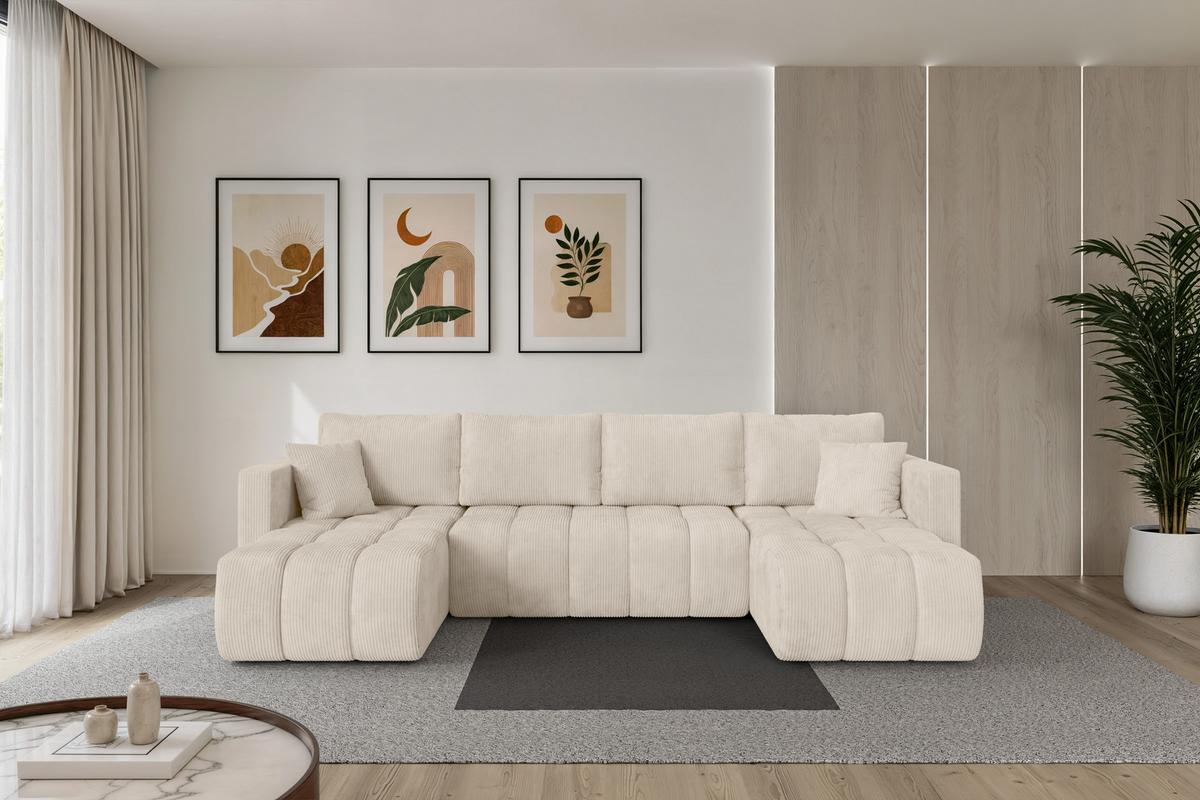 WOHNLANDSCHAFT mit Schlaffunktion und Bettkasten GARD-U 300x146x85 Beige Cord - Beige/Schwarz, Holzwerkstoff/Kunststoff (300/85/146cm) - ALTDECOR