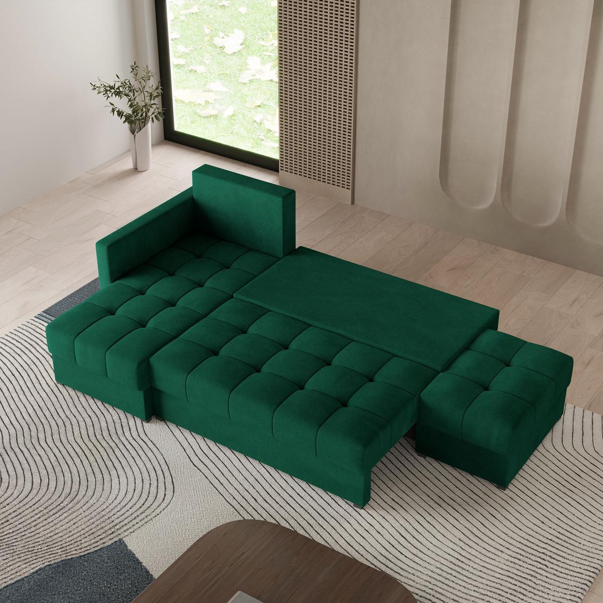 ECKSOFA LUMARI L-S Grün Plüsch-Stoff mit Schlaffunktion - Grün, Holz (262/143cm) - MASSENO