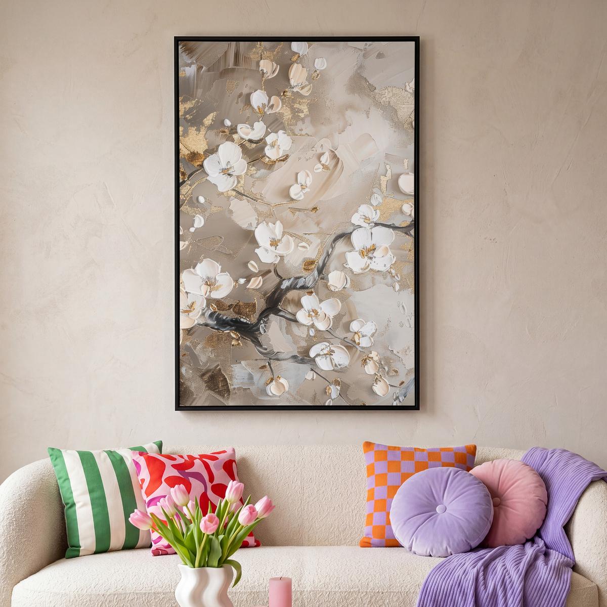 LEINWAND Bilder mit Rahmen - Blumen - Weiß - Gold - Beige - Luxus - 90x140 - Greige, Textil (90/140cm) - MuchoWow