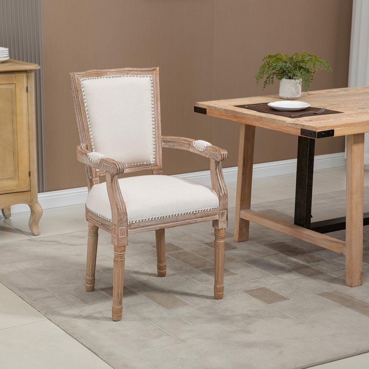 ESSZIMMERSTUHL Küchenstuhl mit Armlehne im Vintage Design Leinen Optik - Creme, Holz (59/96/54.5cm) - HOMCOM