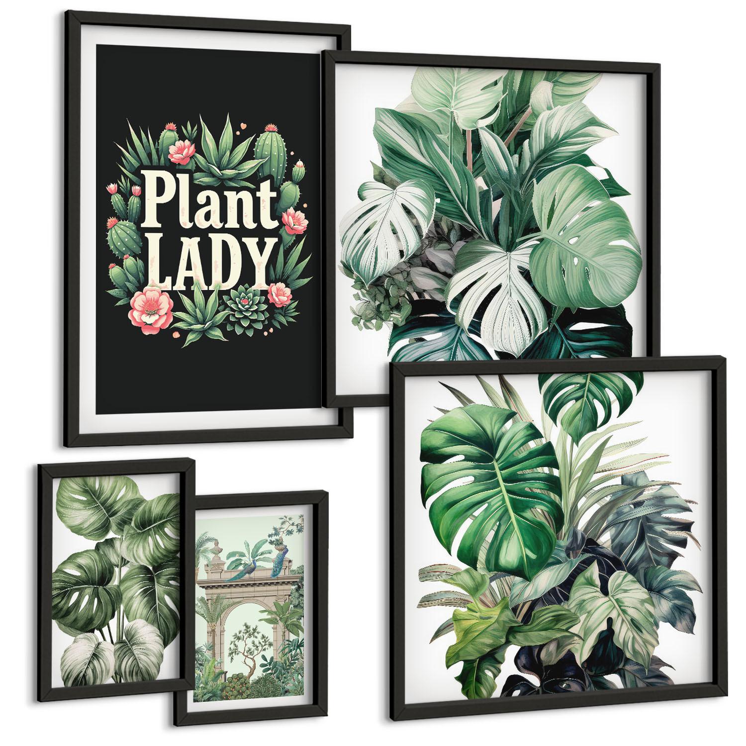 BILDER SET 5er Set - 50x50 cm & 20x30 cm & 40x60 cm Schwarzer Rahmen - Japanische Natur und Japandi-Stil - Schwarz, Kunststoff (40/60cm) - TULUP