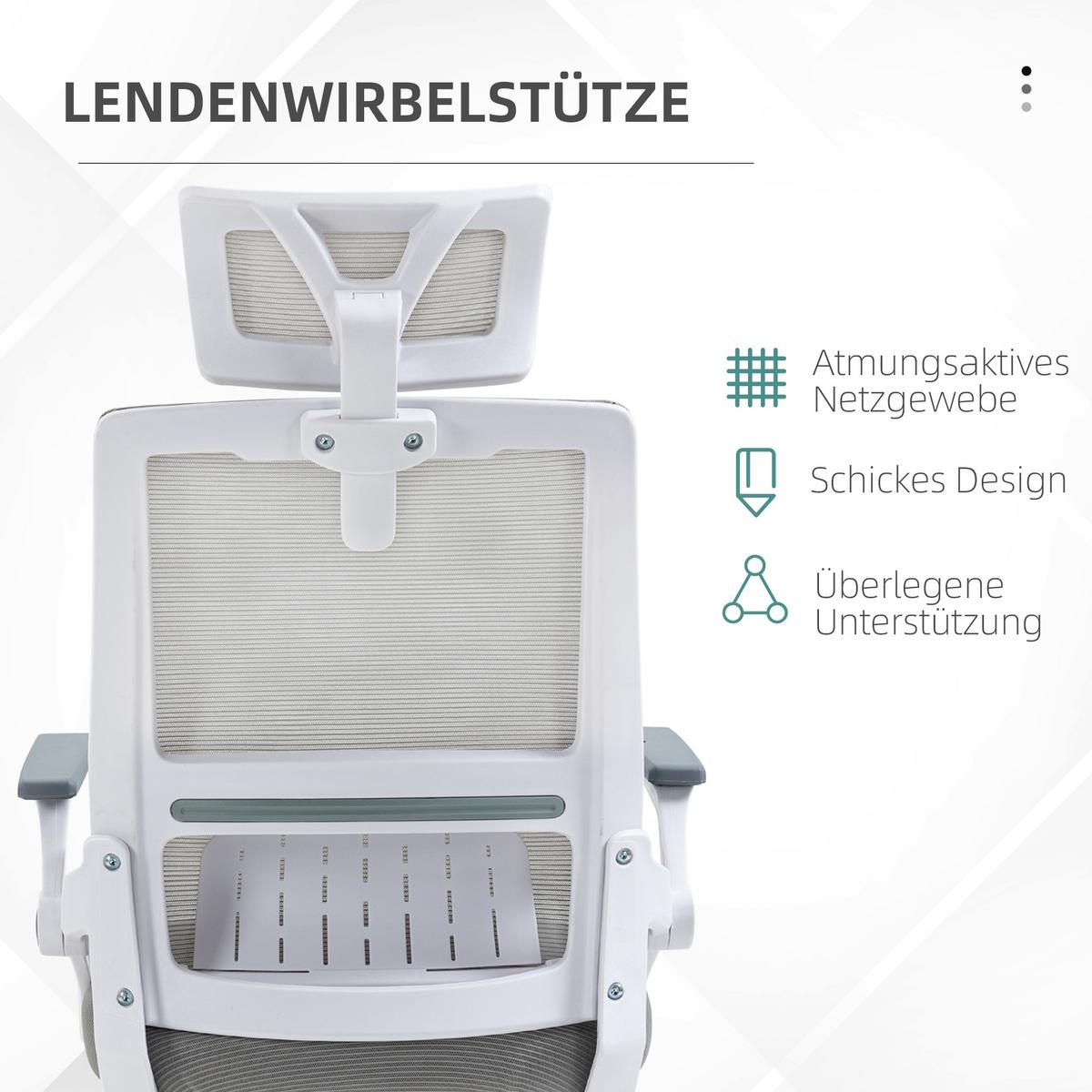 BÜROSTUHL Ergonomisch, Schreibtischstuhl mit Verstellbar Kopfstütze Mesh, Grau - Grau, Textil (61/121.5/60cm) - Vinsetto