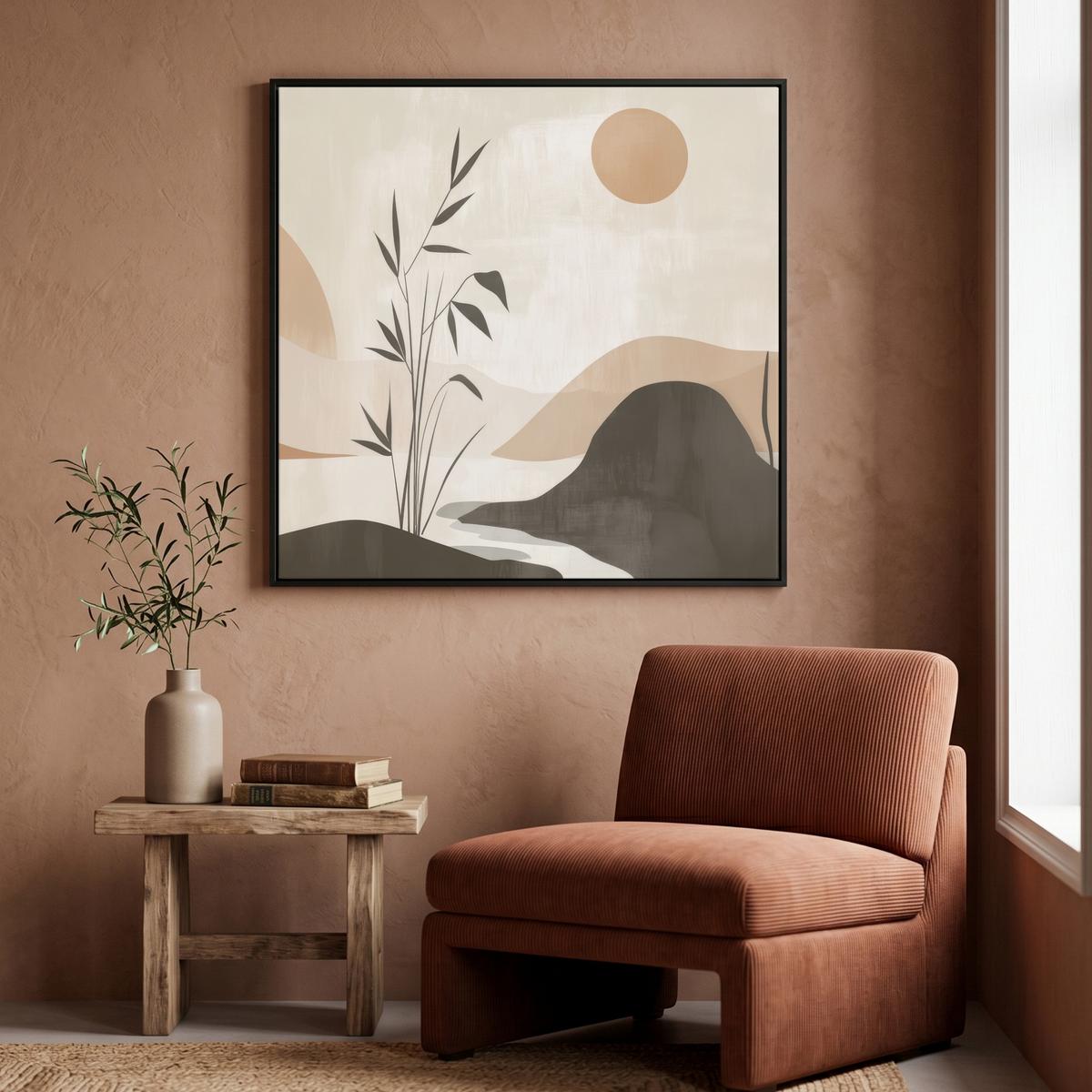 LEINWAND Bilder mit Rahmen - Japandi - Landschaft - Beige - 90x90 - Cognac, Textil (90/90cm) - MuchoWow