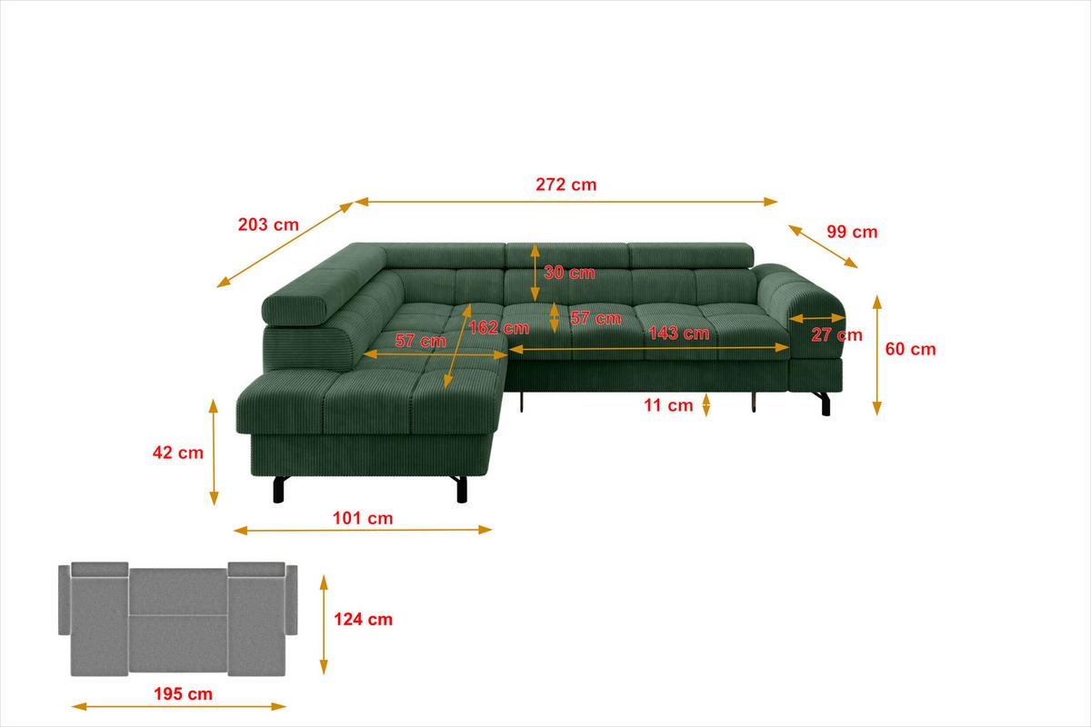 ECKSOFA mit Schlaffunktion Ottomane Links LUMA-L 272x203x70 Grün Cord - Waldgrün/Schwarz, Holzwerkstoff/Kunststoff (272/203cm) - ALTDECOR