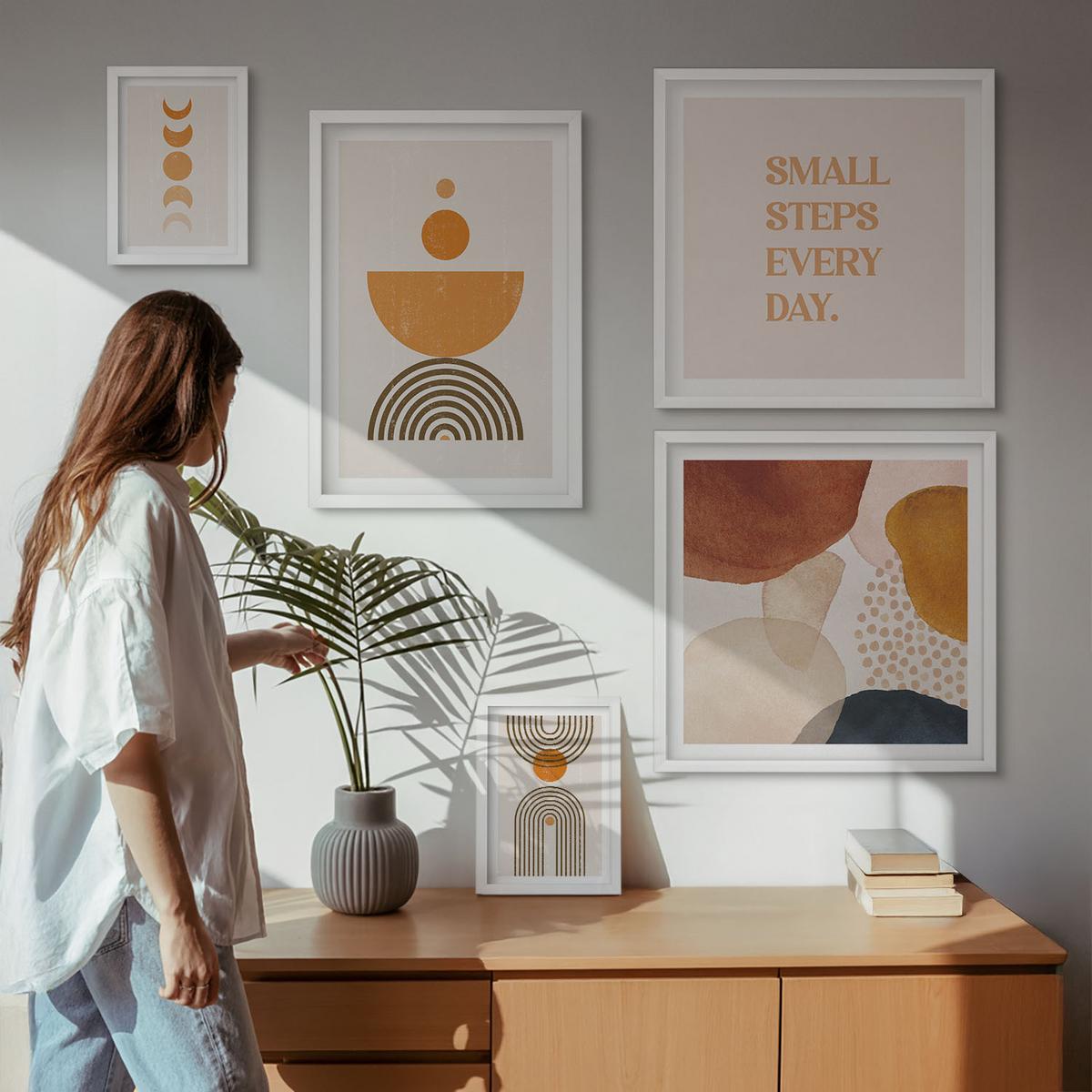 BILDER SET 5er Set - 50x50 cm & 20x30 cm & 40x60 cm Weißer Rahmen - Boho-minimalistische Dekorationen - Weiß, Kunststoff (40/60cm) - TULUP