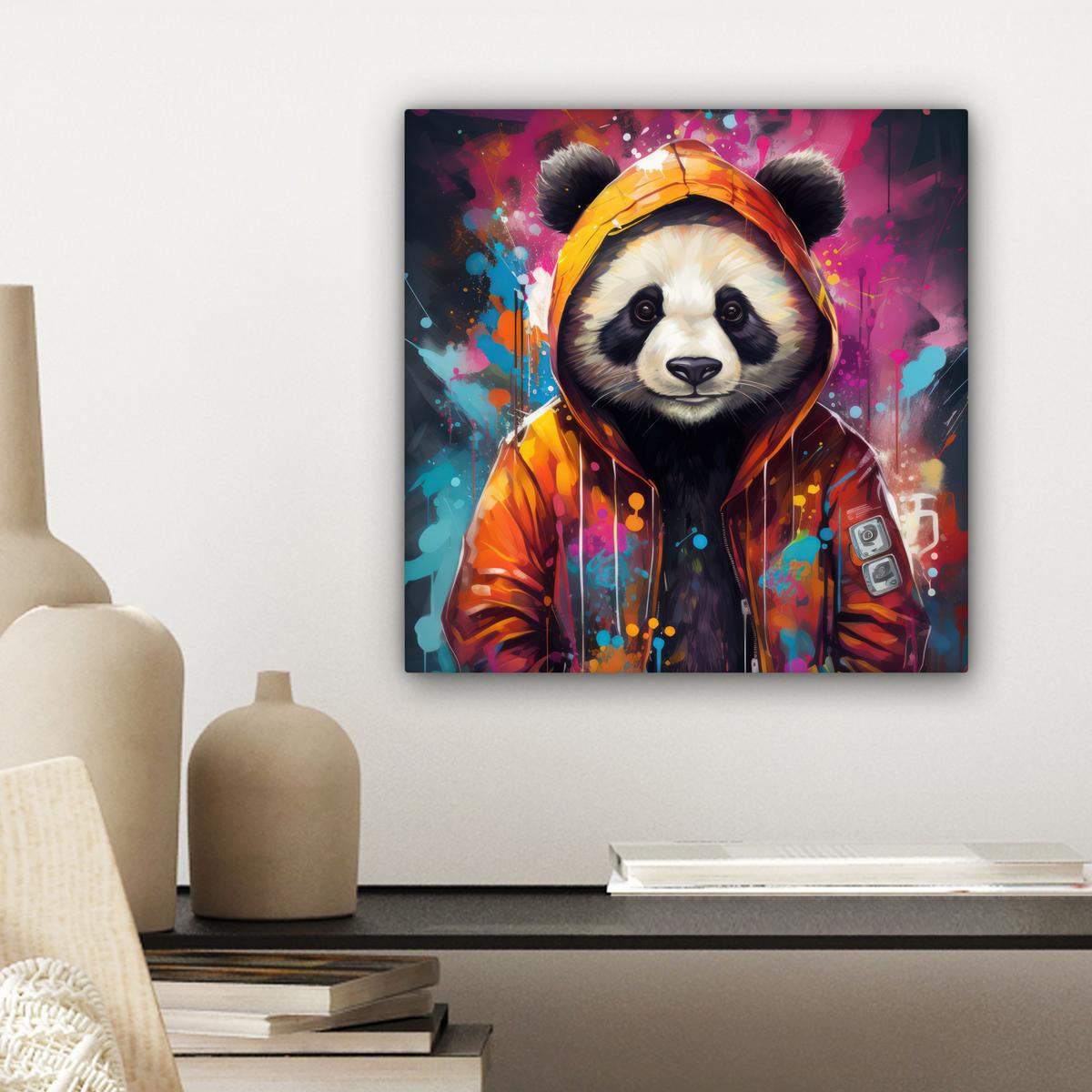 LEINWANDBILD Panda - Jacke - Graffiti - Orange Deko Wohnzimmer 20x20 cm - Orange, Textil (20/20cm) - MuchoWow