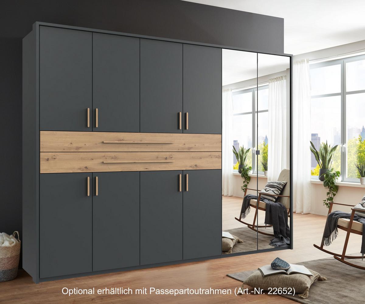 DREHTÜRENSCHRANK B270/H208/T58 cm in Grafit, Kleiderschrank mit 2 Spiegeltüren, 2 großen Schubkästen & Griffen in Eiche Artisan Dekor / 22649 - Graphitfarben/Eiche Artisan, Holzwerkstoff/Kunststoff (270/208/58cm) - luma-home
