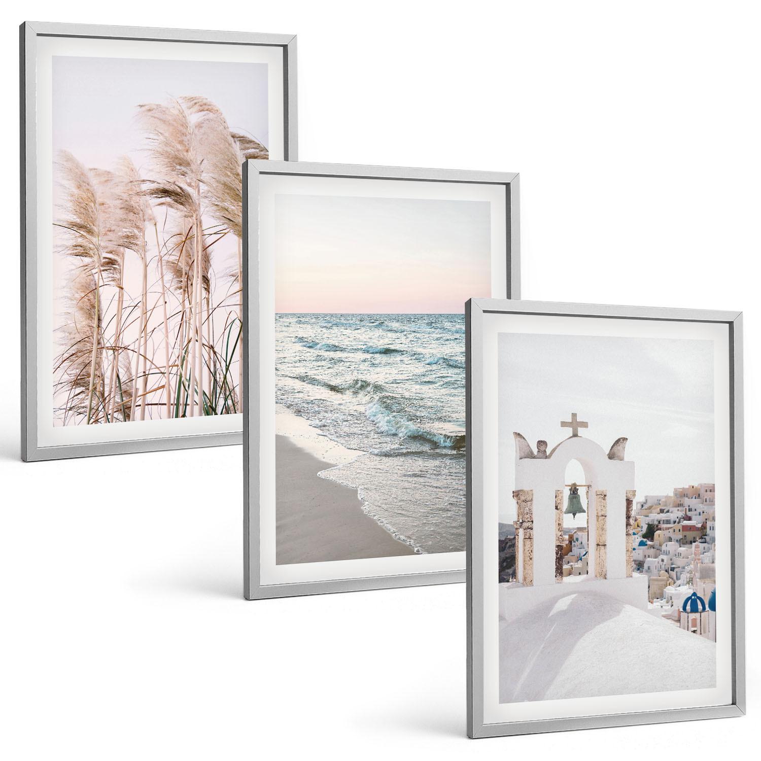 BILDER SET 3er Set - 40x60 cm Silberner Rahmen - Pflanzen, Meereswellen, Aussicht, Häuser - Silberfarben, Kunststoff (40/60cm) - TULUP