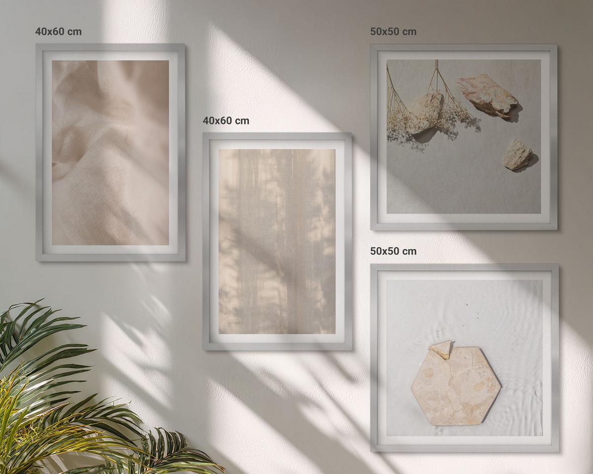 BILDER SET 4er Set - 50x50 cm & 40x60 cm Silberner Rahmen - Dezente Boho-Naturtexturen - Silberfarben, Kunststoff (50/50cm) - TULUP
