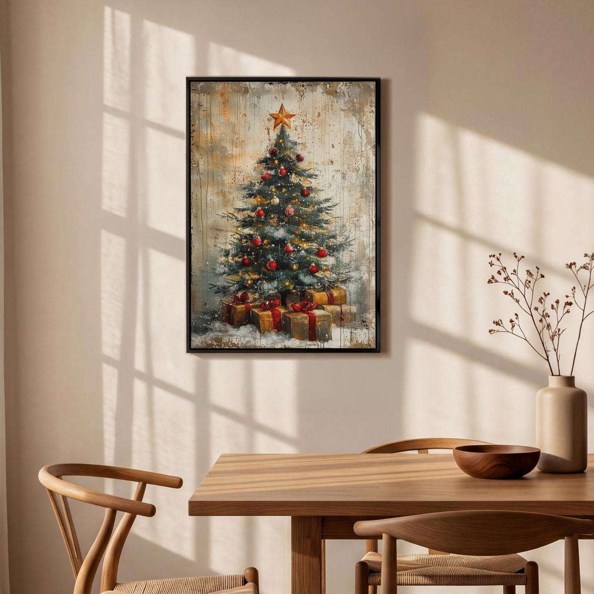 LEINWAND Bilder mit Rahmen - Weihnachtsbaum - Vintage - Weihnachten - Geschenk - 60x90 - Rostfarben, Textil (60/90cm) - MuchoWow