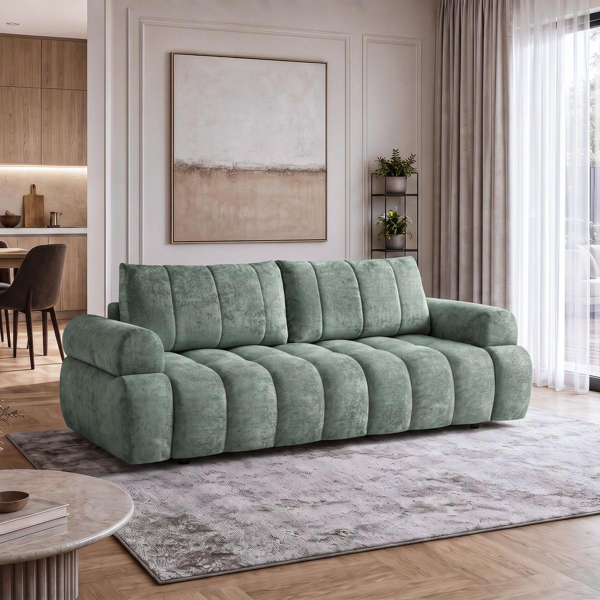 SCHLAFSOFA Mavi 3-Sitzer mit Schlaffunktion, Bettsofa Schlafcouch 195x145 cm, Grün - Grün, Textil (255/100/110cm) - Beautysofa