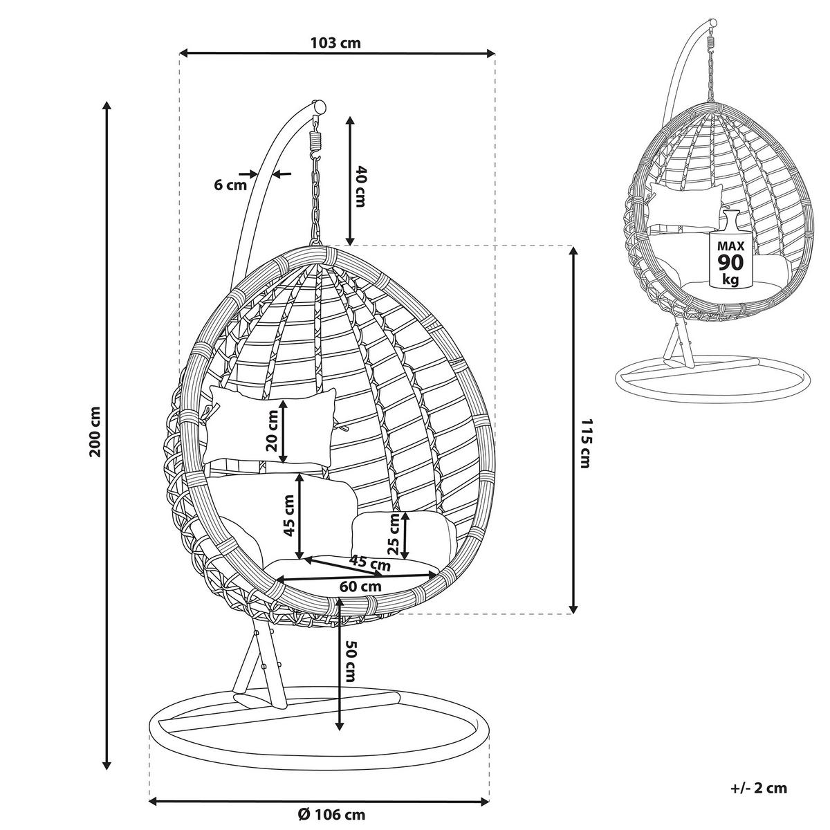 HÄNGESESSEL mit Gestell PE Rattan weiß 106 cm Fano - Weiß, Kunststoff (108/200/108cm) - Beliani