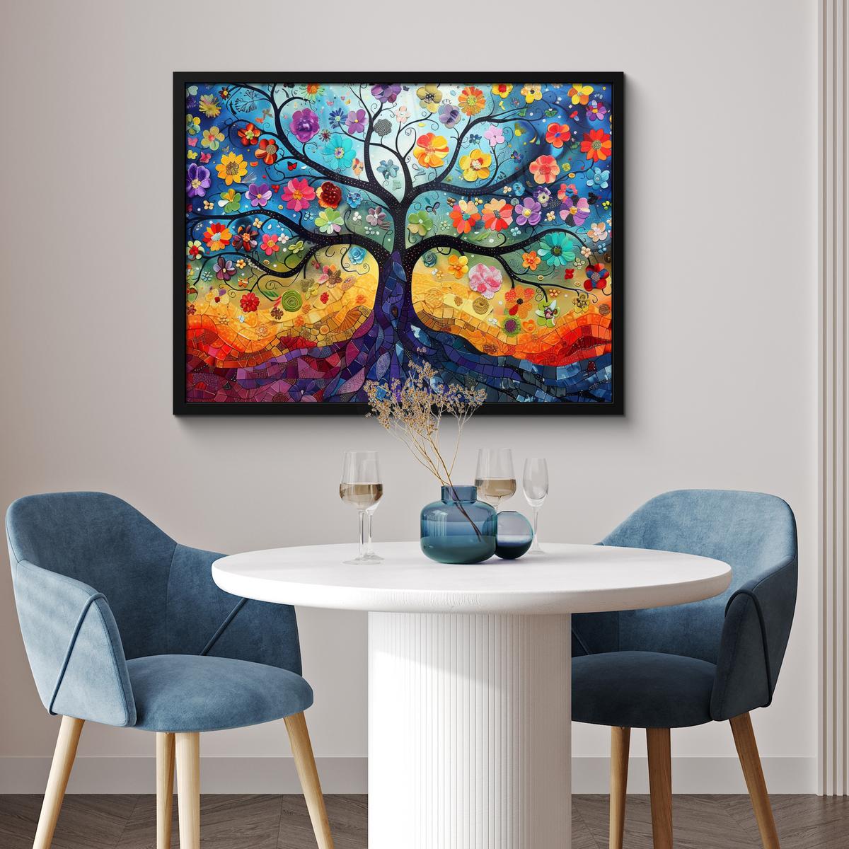 POSTER MIT RAHMENGERAHMTES BILD Kunst - Baum des Lebens - Blumen - Hippie 80x60 cm - Dunkelblau, Papier (80/60cm) - MuchoWow
