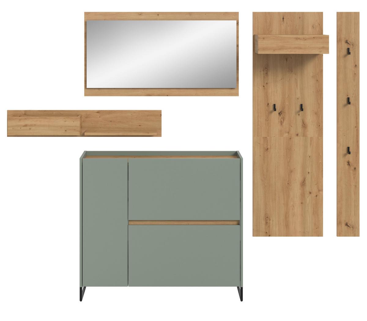 GARDEROBE-SET Salbei und Artisan Eiche, Garderobe 5-teilig, 236 x 192 cm, Soft-Close, Borga - Salbeigrün/Schwarz, Holzwerkstoff/Metall (236/192/32cm) - InnoFurn