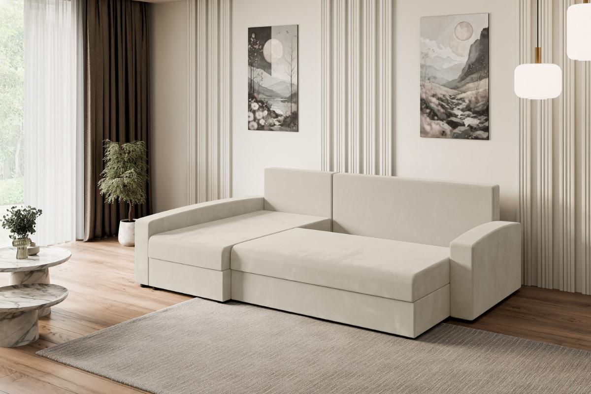 ECKSOFA mit Schlaffunktion und Bettkasten ALESIA-L 231x140x90 cm Beige Velours - Beige/Silberfarben, Holzwerkstoff/Kunststoff (231/140cm) - ALTDECOR