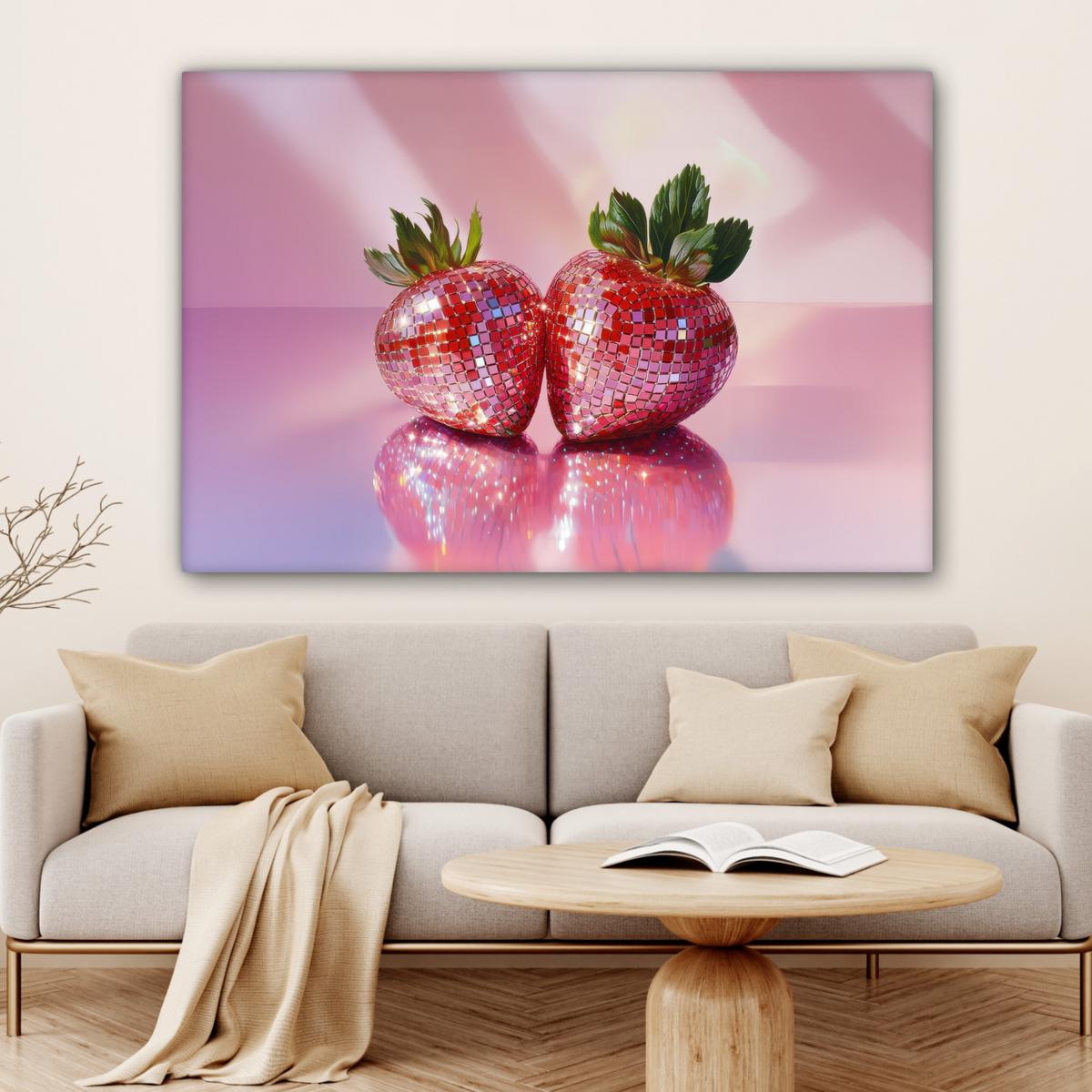 LEINWANDBILD Disco - Obst - Glitzer - Erdbeere XXL 150x100 cm - Pink, Textil (150/100cm) - MuchoWow