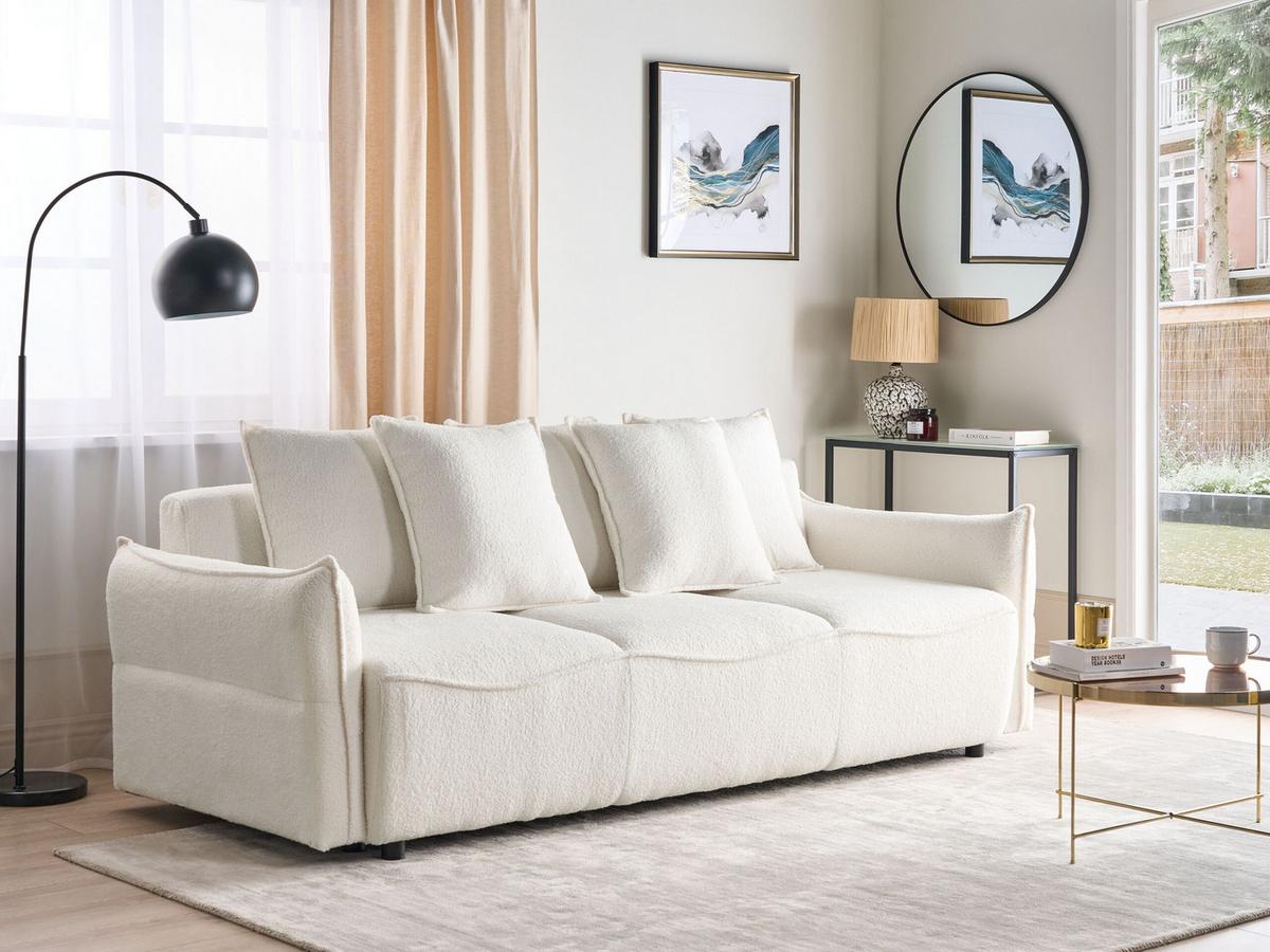 3-SITZER-SCHLAFSOFA Bouclé cremeweiß mit Stauraum Krama - Schwarz/Weiß, Textil (225/87/99cm) - Beliani