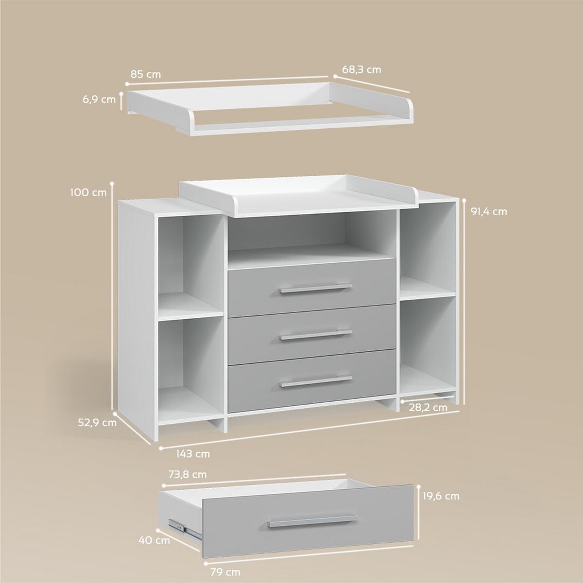 WICKELKOMMODE Torino Weiß/Grau XL mit Schubladen - Weiß/Grau, Holzwerkstoff (143/100/70cm) - Livinity®