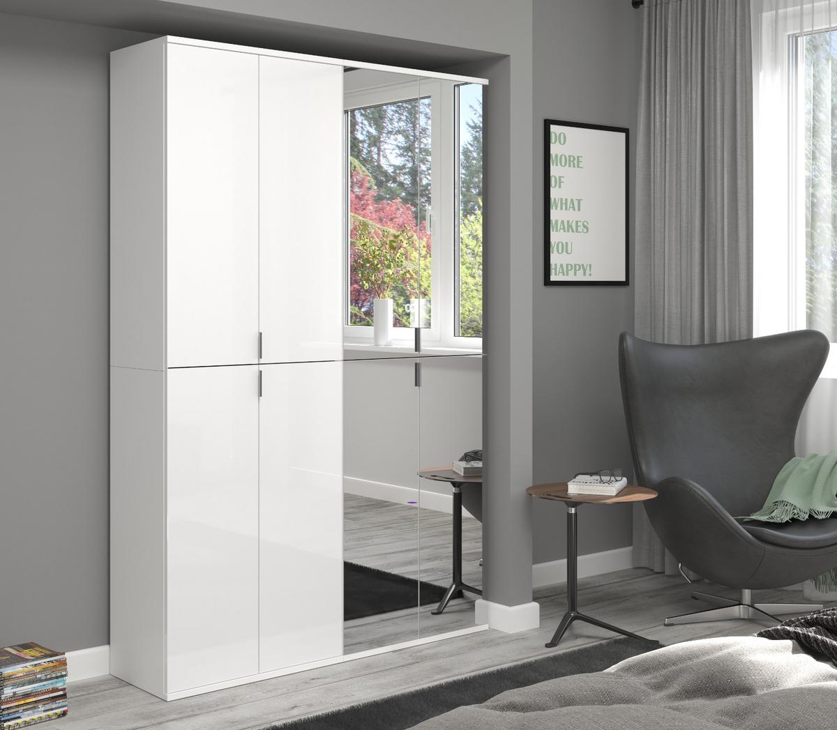 GARDEROBENSCHRANK weiß Hochglanz 122 cm, Schuhschrank mit Spiegel - Chromfarben/Weiß Hochglanz, Glas/Holzwerkstoff (122/193/34cm) - Inn.Furn