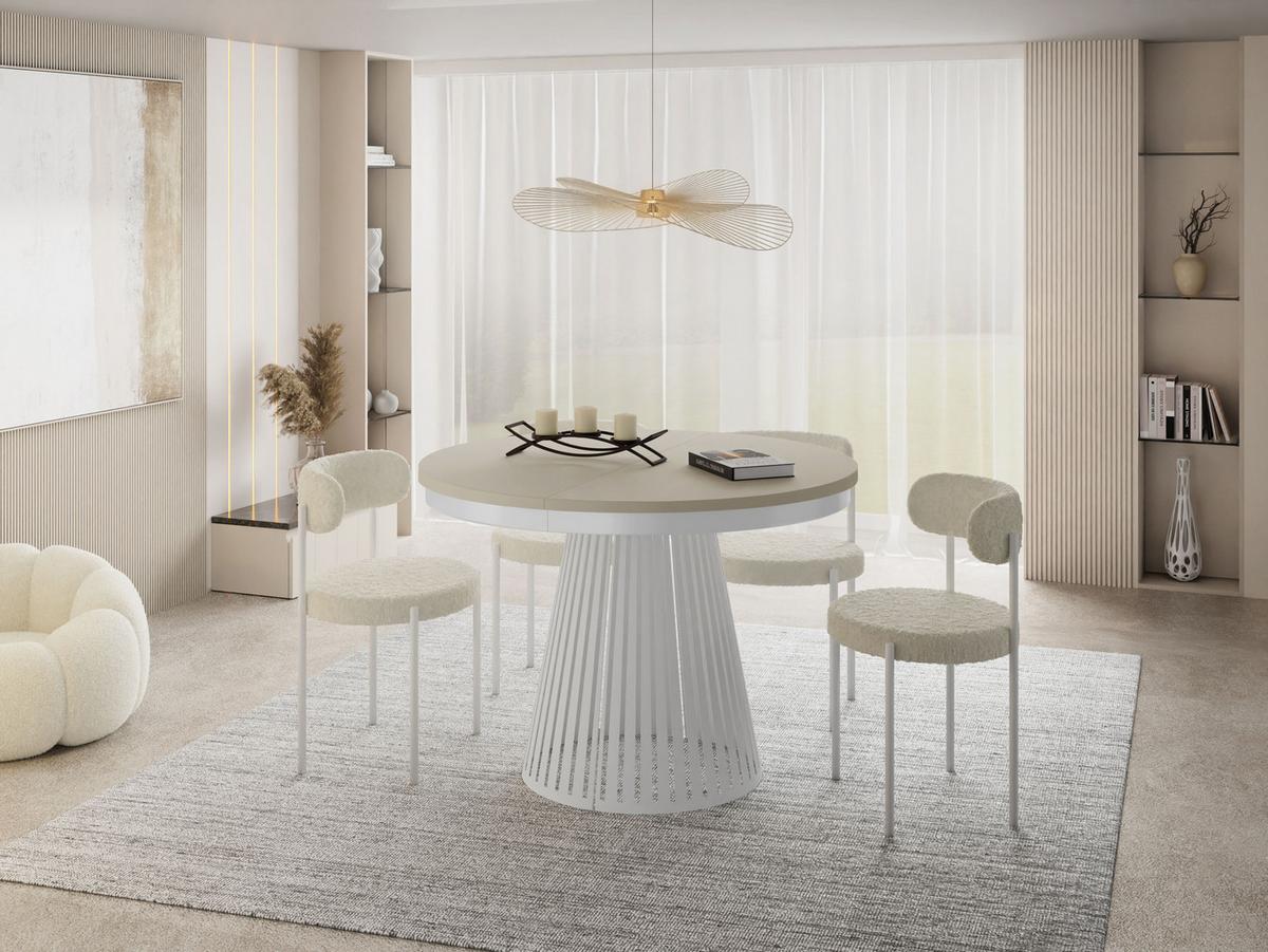 ESSTISCH Naro rund ausziehbar mit Weißem Lamellen-Metallgestell, Beige Cashmere 120-200/120/76 cm - Kaschmir/Beige, Holzwerkstoff/Metall (120/196/76cm) - WFL GROUP