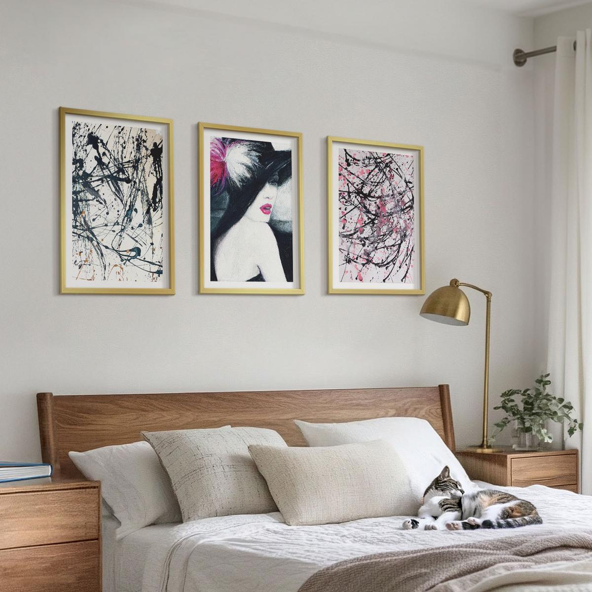 BILDER SET 3er Set - 40x60 cm Goldrahmen - Abstrakte Farbmuster Hut - Goldfarben, Kunststoff (40/60cm) - TULUP