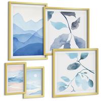 BILDER SET 5er Set - 50x50 cm & 20x30 cm & 40x60 cm Goldrahmen - Berglandschaften, Aquarellpflanzen - Goldfarben, Kunststoff (40/60cm) - TULUP
