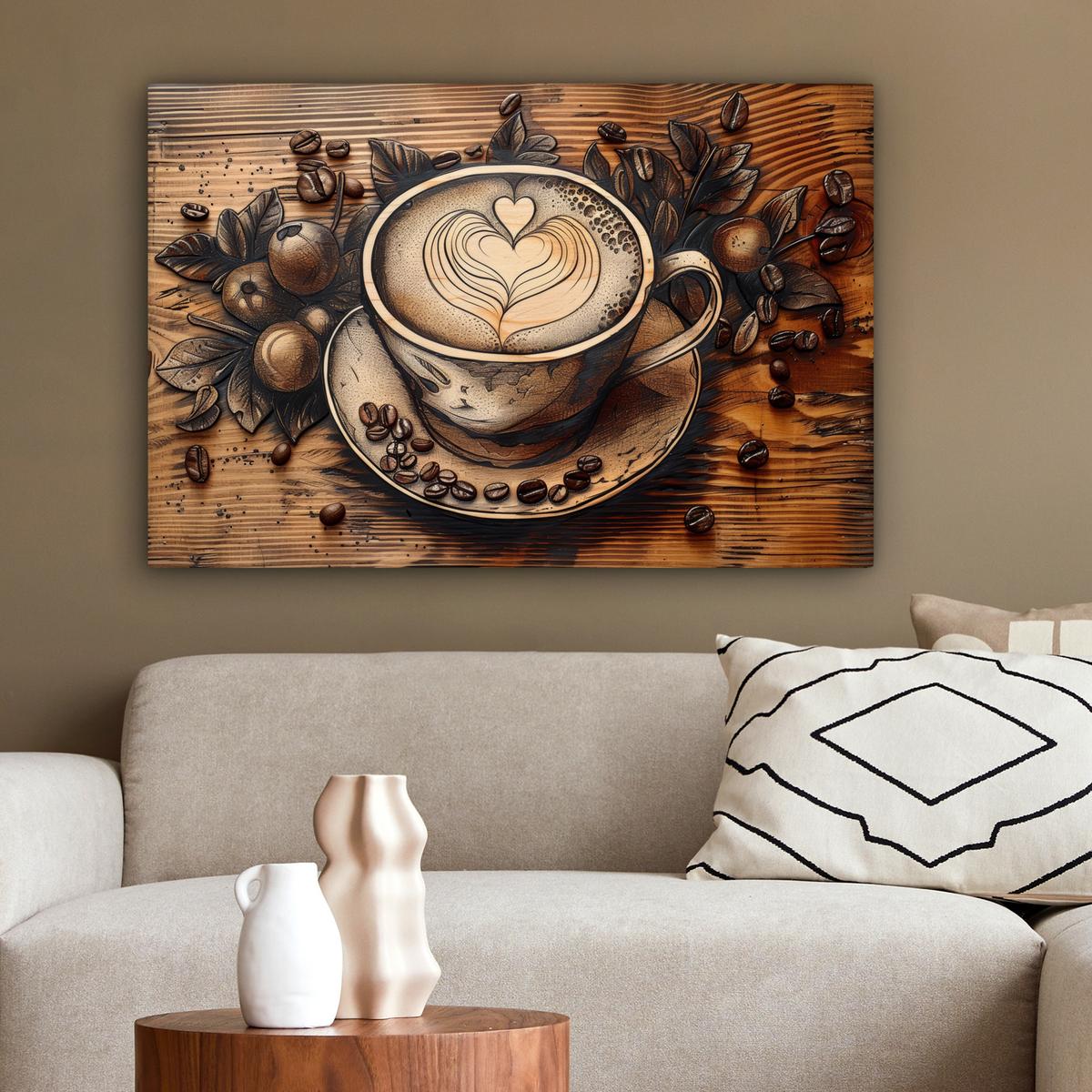 LEINWANDBILD Kaffee - Vintage - Braun - Tasse - Holz Gemälde 60x40 cm - Braun, Textil (60/40cm) - MuchoWow