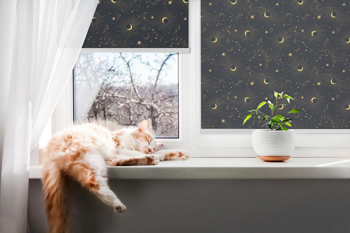INNENROLLO - Fensterrollo - Rollo - 100x180 cm - Mond und Sterne - Schwarz, Kunststoff (100/180/0.5cm) - TULUP