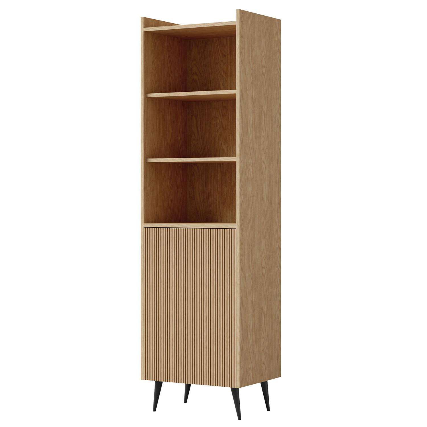 BÜCHERREGAL Amfali mit 1 Tür und offener Regale, geriffelte Fronten, Push-to-open, 52 cm, Frühlings-Eiche - Eichefarben/Schwarz, Holzwerkstoff/Metall (52/180/41cm) - Beautysofa